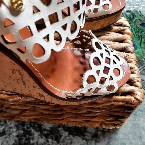 Tory Burch Nori Laser-Cut 115MM Wedge Sandal in Ivory - Picture 4 of 13